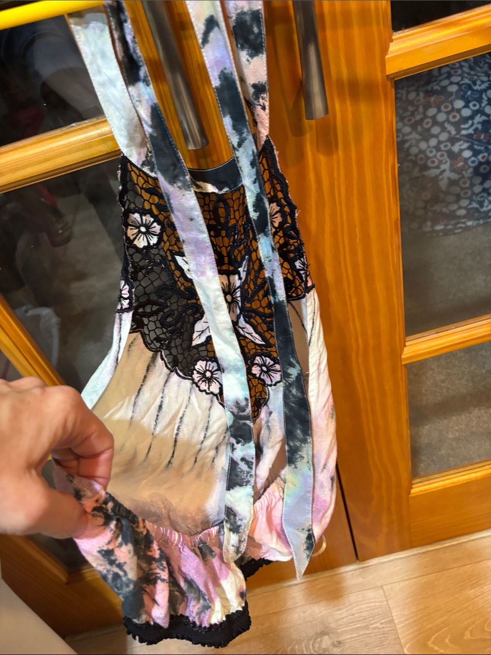 Spell Tie-Dye Pastel halter Top with Black Lace Floral Applique - Picture 2 of 4